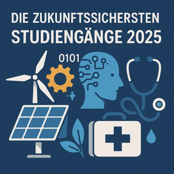 Flat Design mit Windrad, Solarpanel, KI-Kopf und Erste-Hilfe-Koffer unter dem Schriftzug „Die zukunftssichersten Studiengänge 2025“ – symbolisiert Zukunftsbranchen KI, Green Tech und Health.