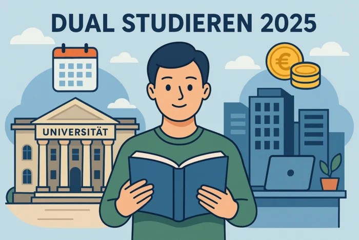 Illustration „Dual Studieren 2025“: Student liest vor Laptop und Münzstapel, links Uni-Gebäude mit Kalender-Icon, rechts Bürohochhäuser – symbolisiert Theorie-Praxis-Mix, Gehalt und Zeitplan im dualen Studium.