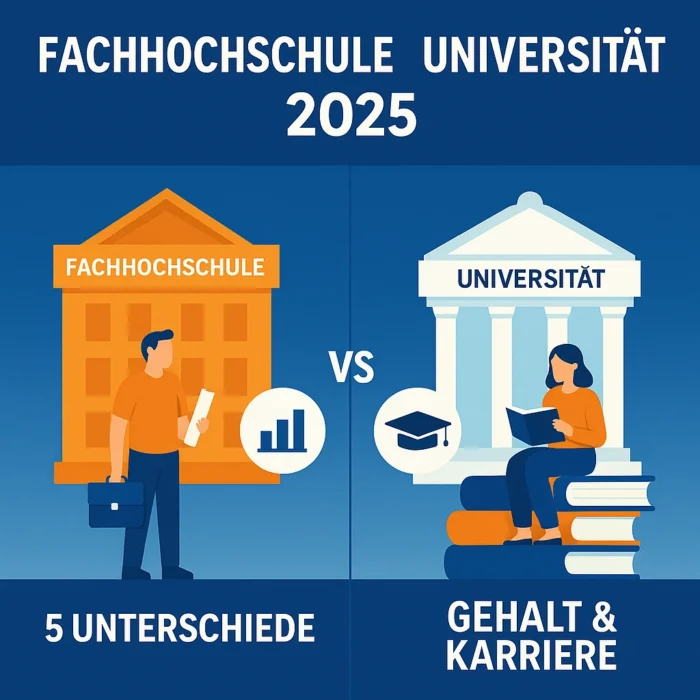 Split-Illustration „Fachhochschule vs. Universität 2025“: links praxis­orientierter Student vor modernem FH-Gebäude, rechts Studentin mit Buch vor klassischem Uni-Säulenbau; Icons für Diagramm, Doktorhut, darunter Texte „5 Unterschiede“ und „Gehalt & Karriere“ – visualisiert den Vergleich beider Hochschularten.