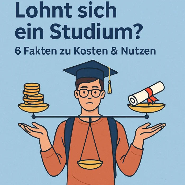 Illustration eines nachdenklichen Studenten mit Waage: links gestapelte Münzen, rechts eine gerollte Urkunde – symbolisiert den Kosten-Nutzen-Vergleich „Lohnt sich ein Studium?“