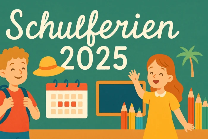 Frohe Illustration: Grüne Schultafel mit Schriftzug ‚Schulferien 2025‘, lachender Junge, Kalender, winkendes Mädchen, bunte Stifte