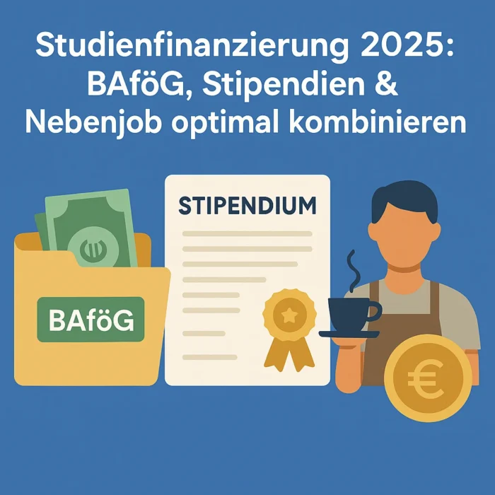 Flat-Design-Grafik „Studienfinanzierung 2025“: BAföG-Ordner mit Geldscheinen, Stipendium-Urkunde mit Siegel und Student im Nebenjob mit Kaffeetasse und Euro-Münze – symbolisiert die optimale Kombination von BAföG, Stipendium und Nebenjob.