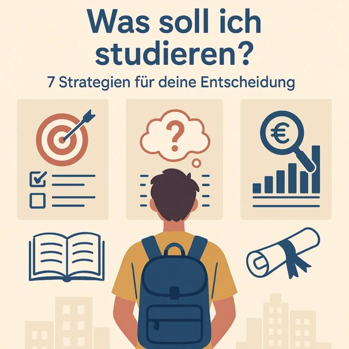 Illustration „Was soll ich studieren?“: Student mit Rucksack blickt auf drei Infotafeln – Zielscheibe ✔️, Fragezeichen-Wolke ❓ und Lohn-Diagramm €📈; darunter Buch und Diplom­rolle – symbolisiert 7 Strategien zur Studien­entscheidung.