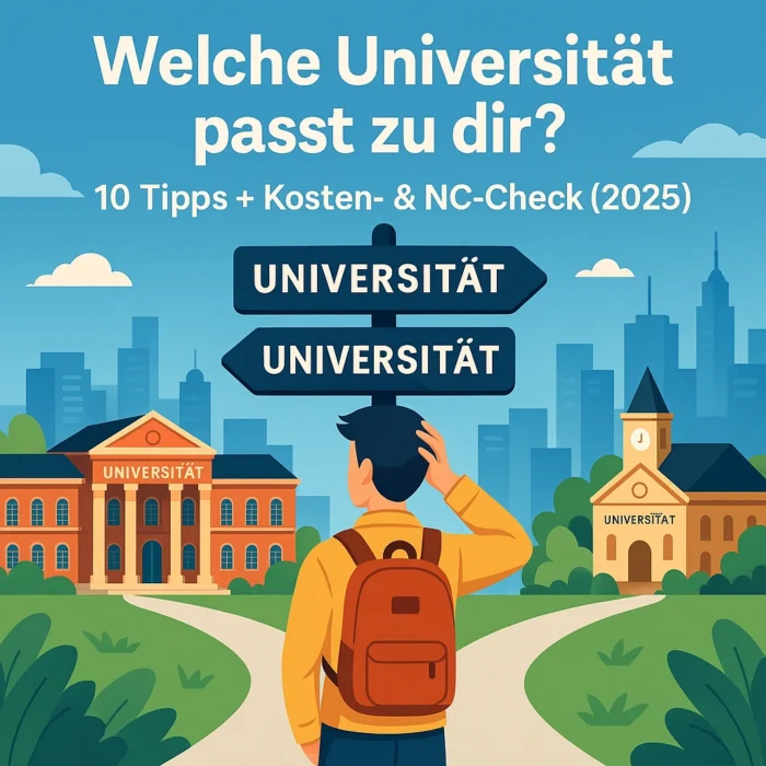 Illustration „Welche Universität passt zu dir?“: Student mit Rucksack steht vor Weg­gabelung; Wegweiser mit „Universität“ zeigt auf zwei Campus-Gebäude, dahinter moderne Skyline – visualisiert Entscheidung zwischen Hochschulen, NC-Check und Kostenvergleich 2025.
