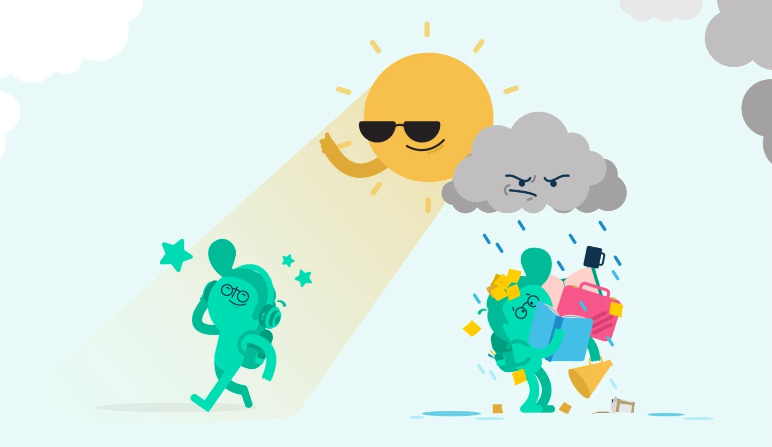 How to Stop Procrastinating, An illustration of a person struggling under an angry rainstorm while another person is walking happily under the sun, StudySmarter Magazine