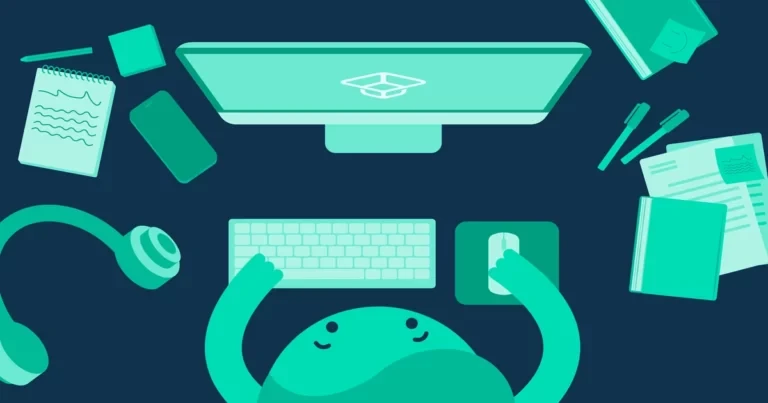 Illustration of a person sitting at a desk. In front of them are a computer with the StudySmarter Logo. On the desk are headphones, notebooks and pens as well. StudySmarter Magazine