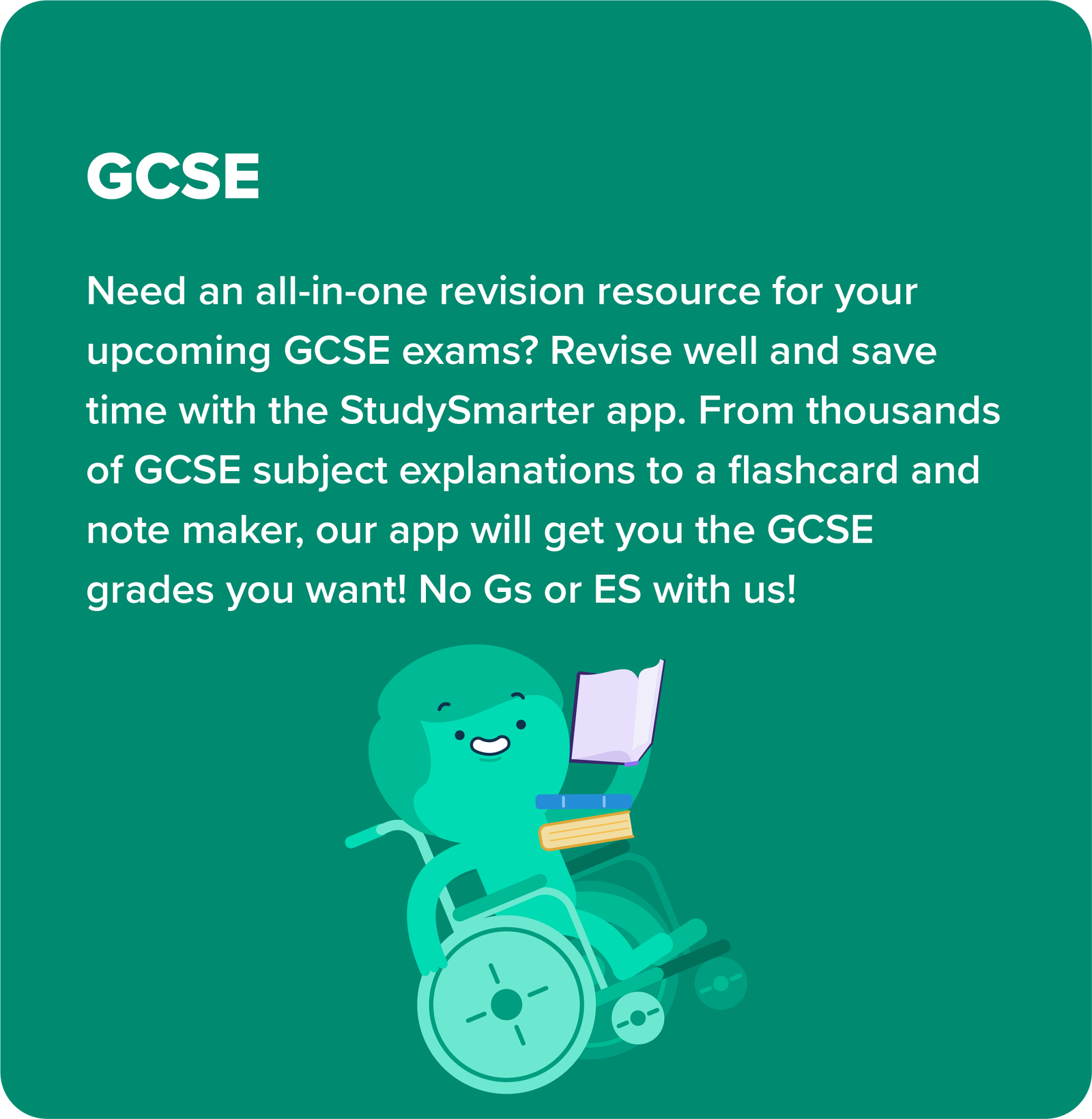 Illustration of the GCSE in the StudySmarter app. It lists all benefits and shows a green person in a wheelchair and a laptop in hand.