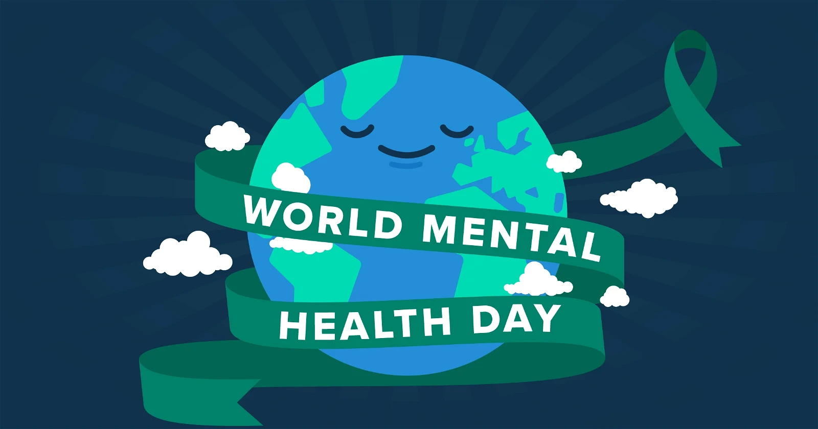 World Mental Health Day 2023, An Illustration of the world smiling and wrapped around with a banner of World Mental Health Day, StudySmarter Magazine