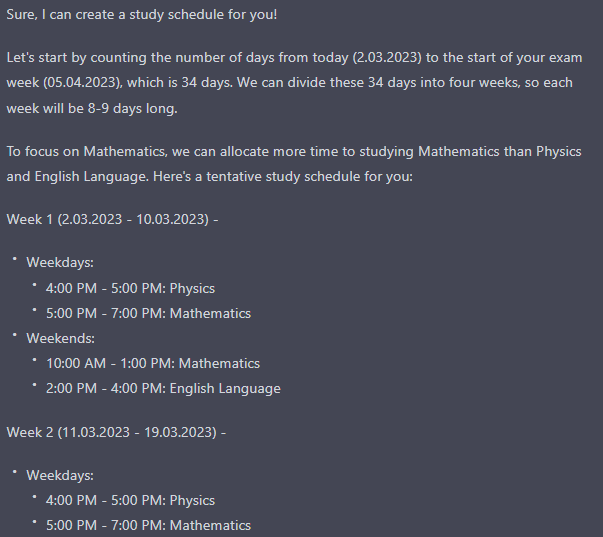 ChatGPT for Studying, Screenshot of a ChatGPT Conversation Where ChatGPT creates a study schedule, StudySmarter