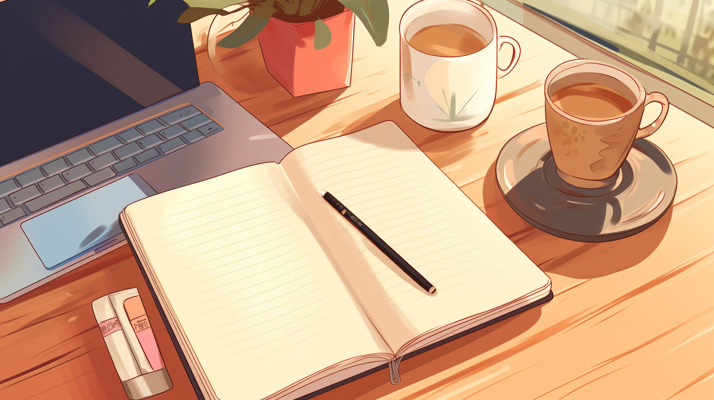 Illustration of a notebook with a pen on a desk, besides coffee, tea and a laptop - StudySmarter Magazine