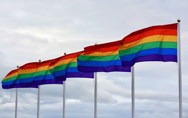 Five pride flags blowing in the wind against a gray sky. Vaia Magazine