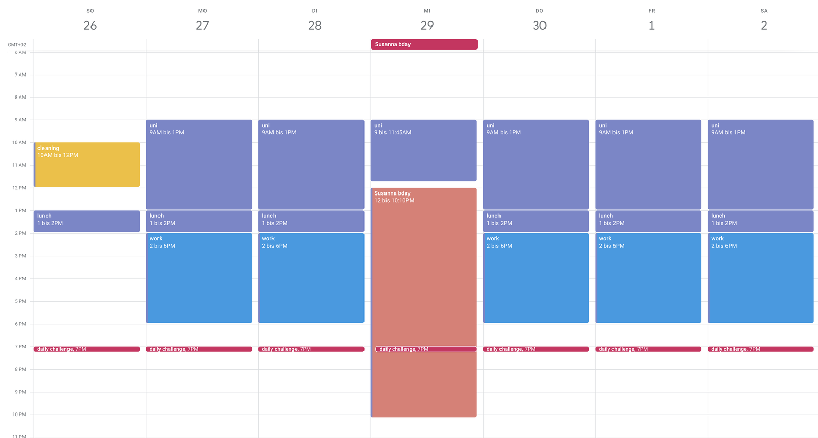 A screenshot of week with time blocking. You can see purple blocks for the master thesis, blue blocks for work, a yellow block for flat cleaning, and a red block for a birthday of a friend - StudySmarter Magazine